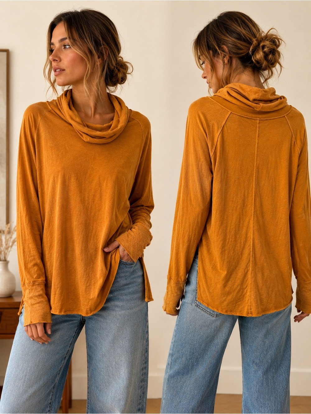Free People We The Free 100% Cotton Cowl Neck Long Sleeve Top | Camel | Small